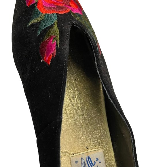 Vintage Perry Ellis Womens 8AA Black Suede Embroidered Red Floral Slip On Flats - Picture 10 of 16